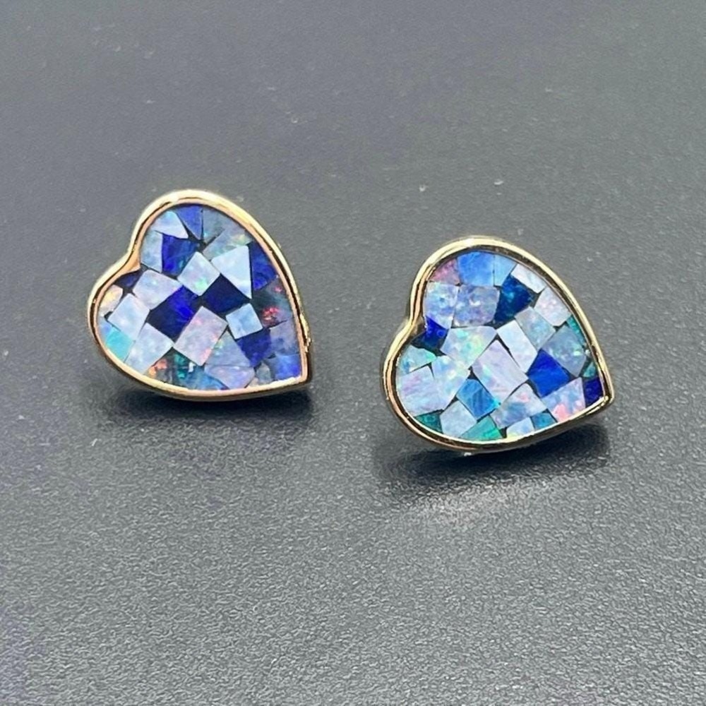 C M/J Designer Signed 14K Gold 15mm Heart Mosaic Opal Earrings Stud Posts 3.12g